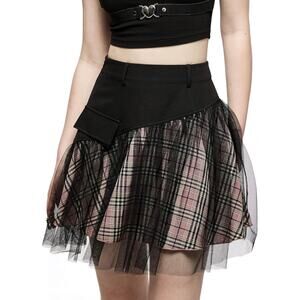 GothicSkirt WmenGoth Mini PlaidSkirt w Tulle PunkDunk Hgh Waist ALine Prty Skirt